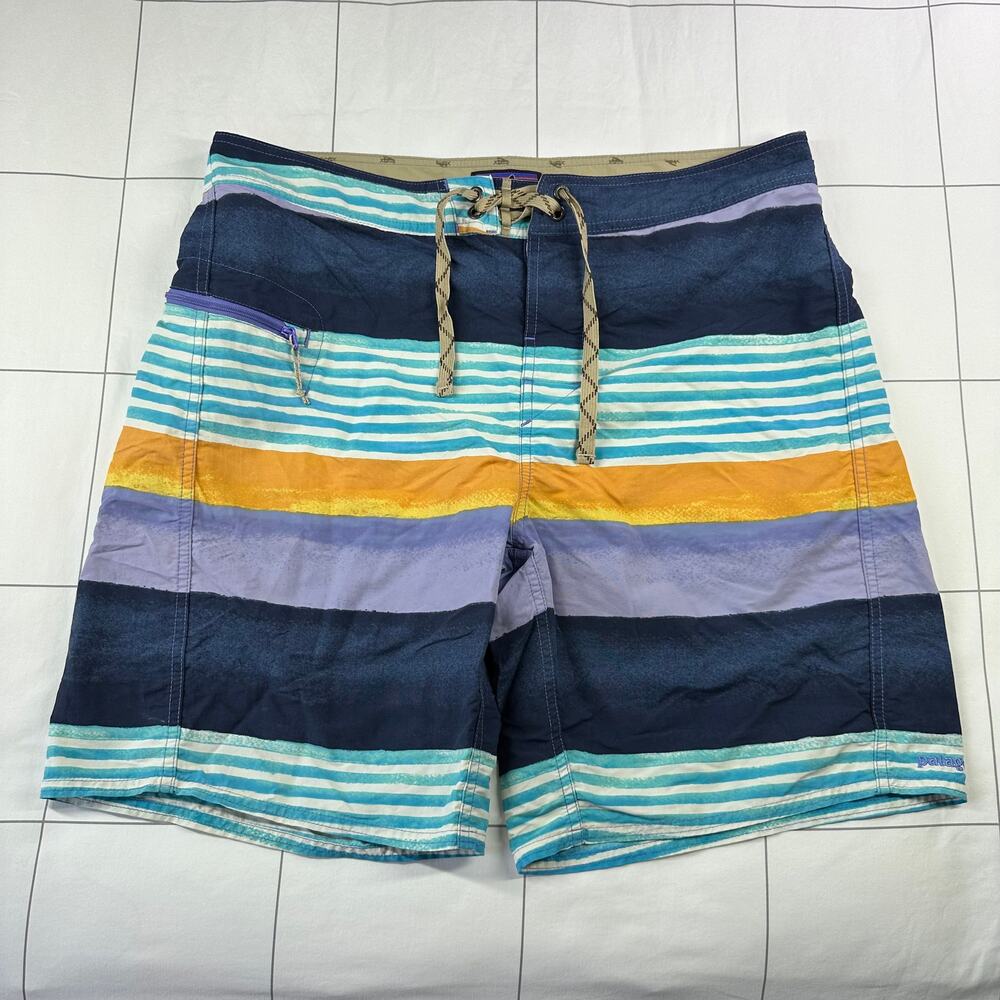 Patagonia Board Shorts Mens 35 Blue Multi Printed Wavefarer Striped Beach Swim